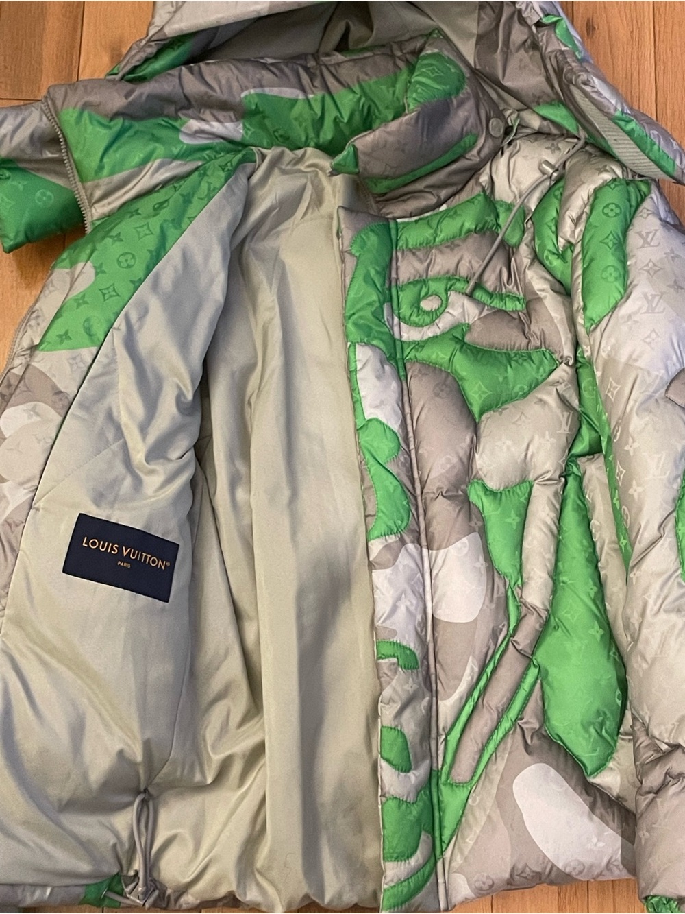 Louis Vuitton Green & Gray Monogram Camouflage Puffer Coat